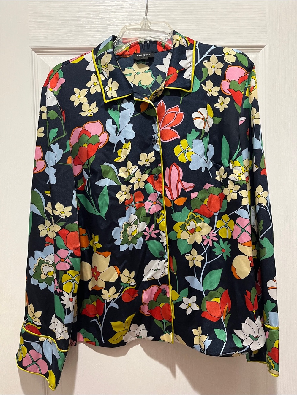 kate spade Navy Blue Floral Button-Down Blouse with Yellow Trim
